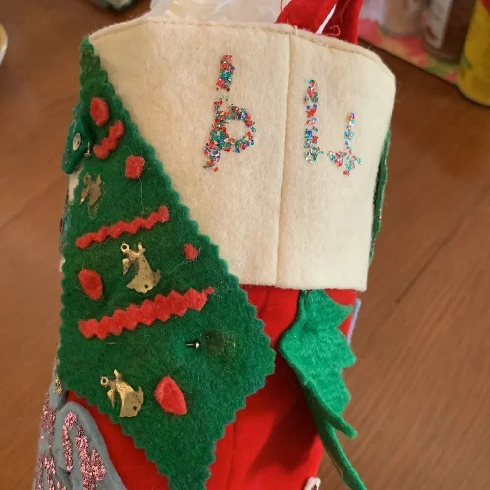 Vtg 60s large red felt hand decorated‎ Christmas stocking